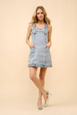 23175D - Denim Western Buckle Strap Mini Dress: LIGHT WASH, S