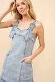 23175D - Denim Western Buckle Strap Mini Dress: LIGHT WASH, S